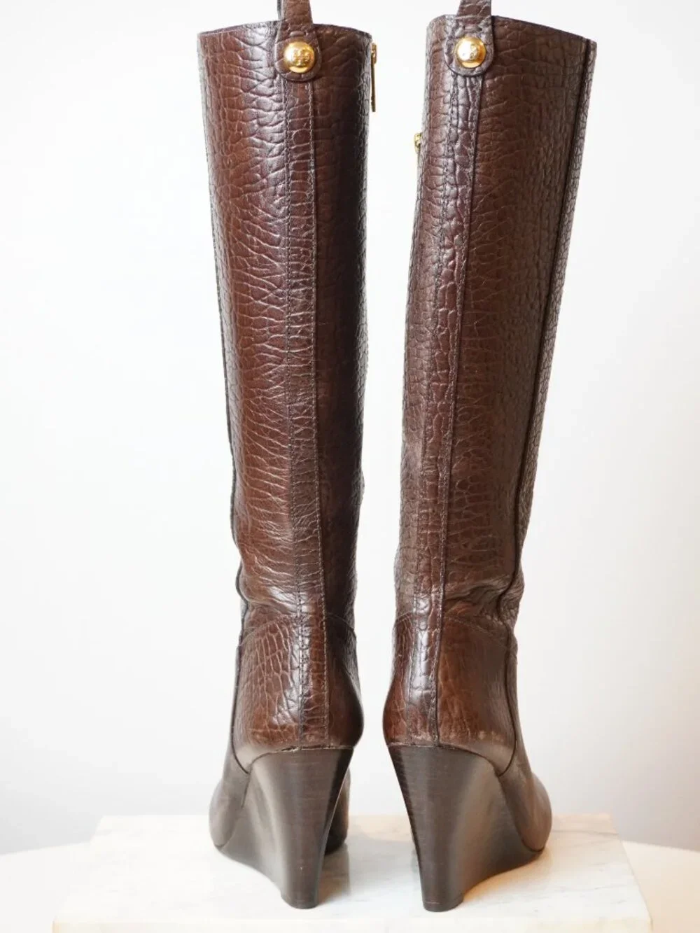 Tory Burch Brown Textured Leather Knee High Boots